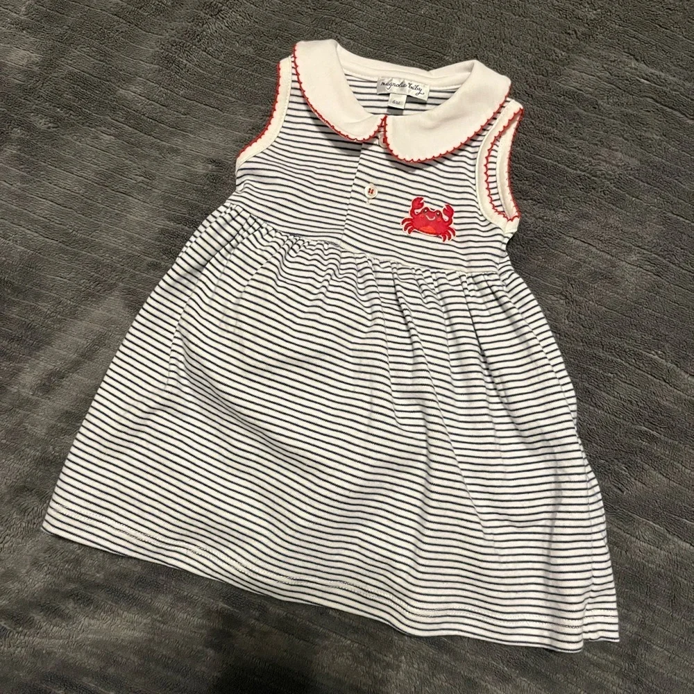 Nautical Striped Kids Dress with Red Crab Accent | Magnolia Baby | 6 Months